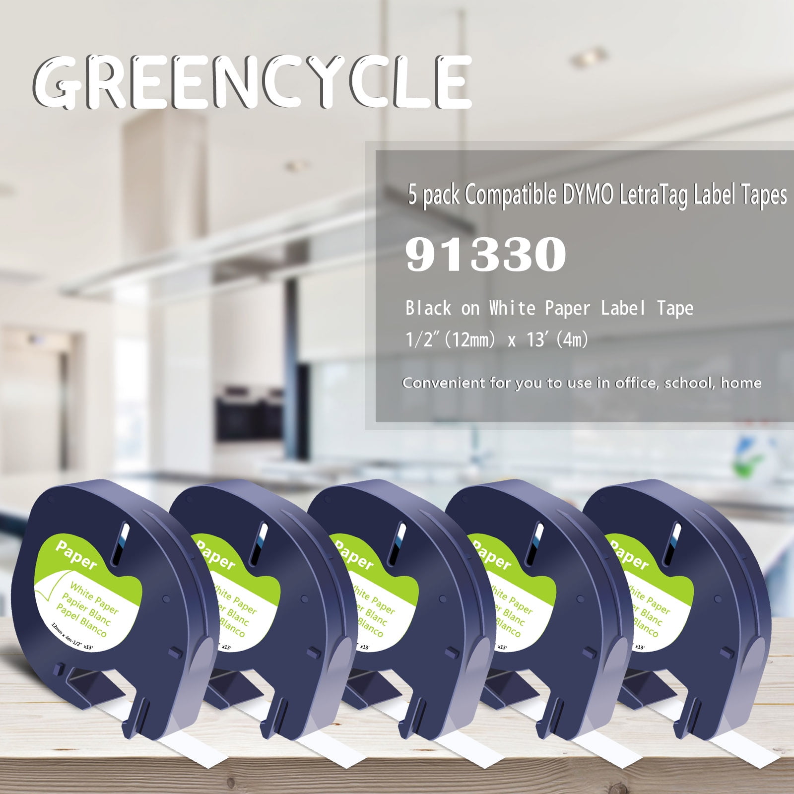 GREENCYCLE 5PK 12mm 4m Black on White Paper Label Tape Compatible for Dymo 91330 91220 91200 59421 S0721510 LetraTag Printer