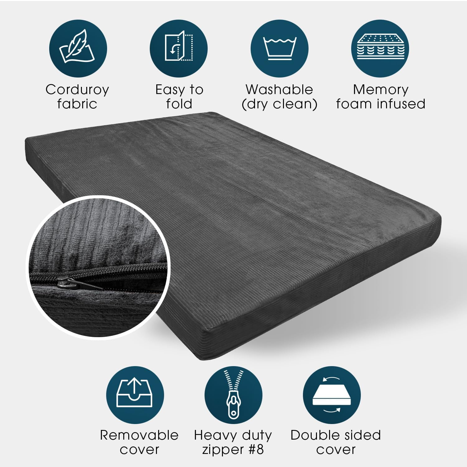 Foamma Memory Foam Futon Mattress, Double-Sided Foldout Couch Futon Mattress - Queen (Charcoal) - Comfortable and Heavy Duty Sofa Bed, Thick Corded Cushion for All (Frame NOT Included)
