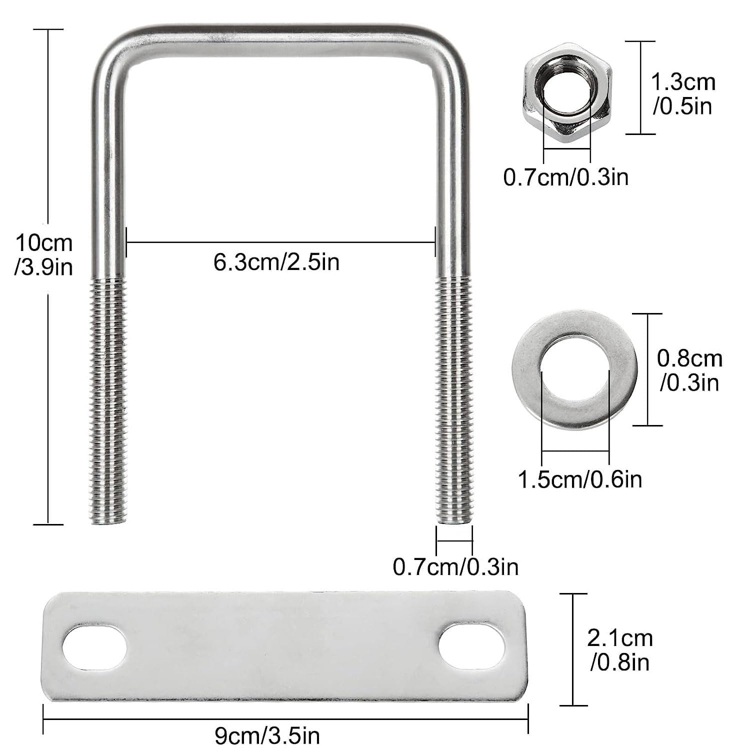 ABOURT Square U-Bolt 304 Stainless Steel 8-Pack 2-1/2" Inner Width x 3.94" Length