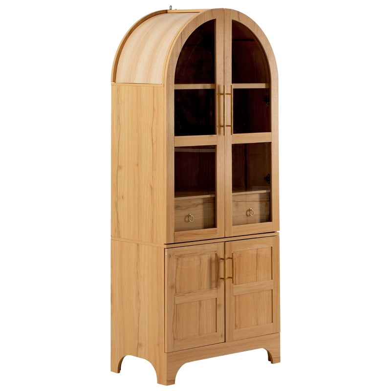 Arched Kitchen Pantry Cabinet with Door Shelves, 71" Tall Kitchen Storage Cabinet with Open & Adjustable Shelves, Freestanding Kitchen Cupboard with Hidden Drawer & Glass Door