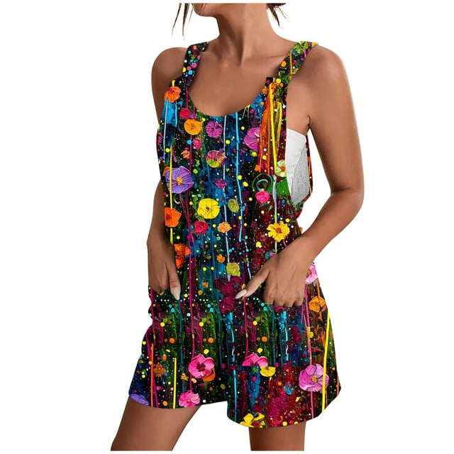 IROINID Femmes Imprimé Shorts Combinaisons, Femmes Été Confortable Occasionnel Bretelles Impression Shorts Poche Combinaison Short Multicolore M