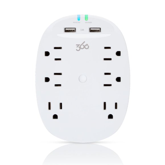 360 Electrical Studio2.4 6 Outlet Surge Protector with 2 x 2.4 Amp USB Ports - White