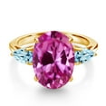 thumbnail image 3 of Gem Stone King 7.00 Cttw Pink Created Sapphire and Sky Blue Topaz 18K Yellow Gold Plated Silver 3-Stone Engagement Ring for Women | Oval 14X10MM and Pear Shape 6X4MM | Available in Size 5-9, 3 of 6