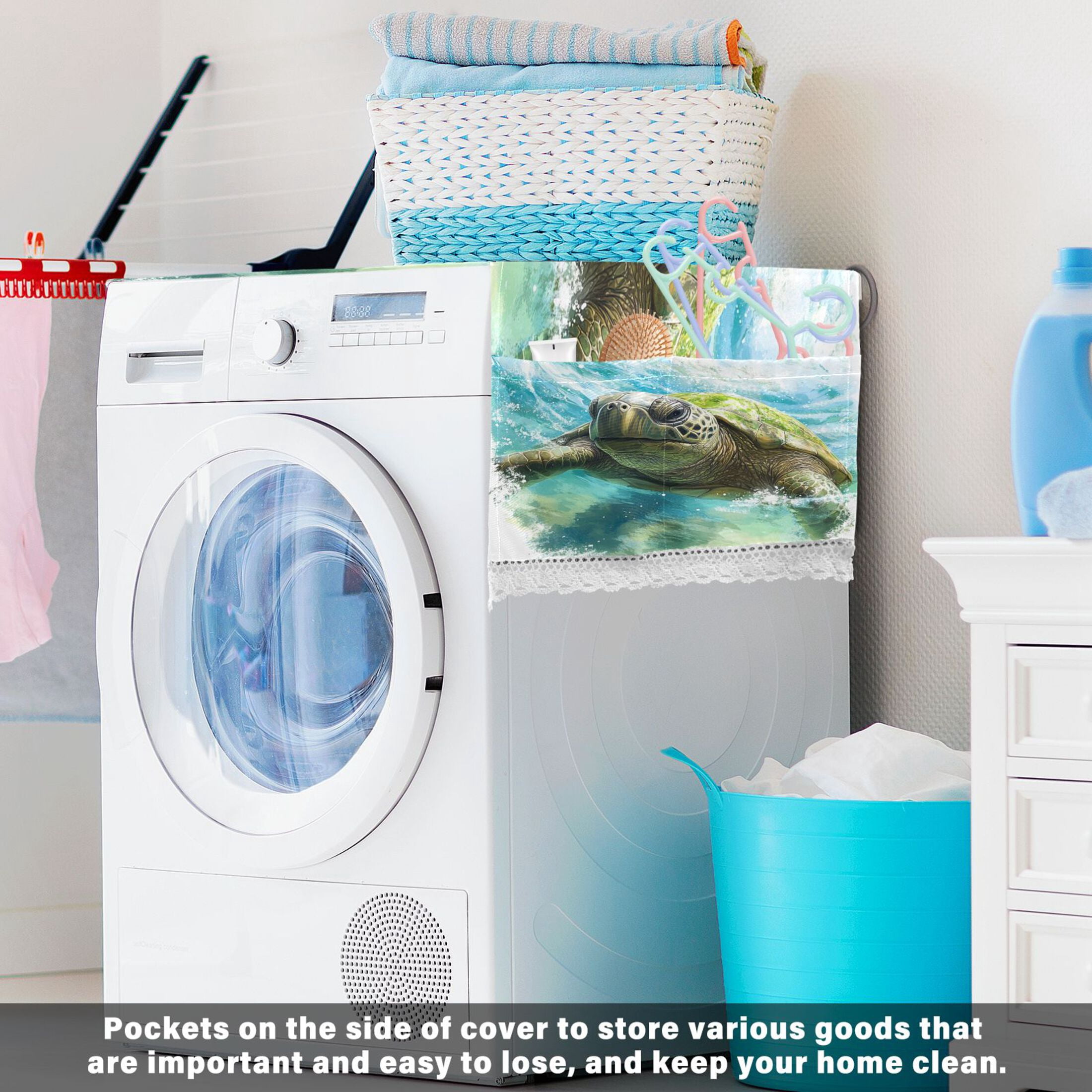 Washing Machine Cover 51.2x22in, Durable Polyester Dust Cover with Lace Trim and Side Pocket for Appliances Great Turtle