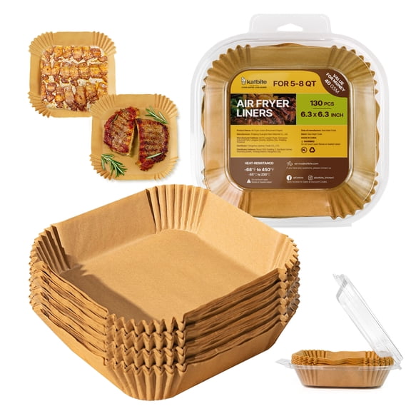 Katbite Air Fryer Paper Liners, 6.3 in Square, 130 Count, Unbleached, Non-Stick, Oil-Proof, Disposable