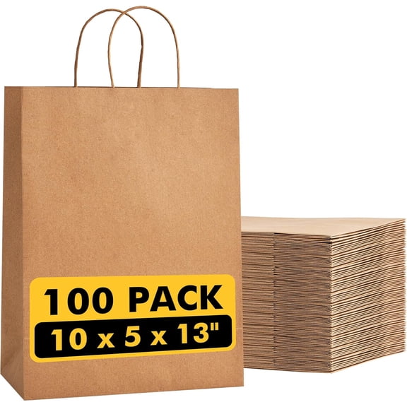 100 Pcs Kraft Shopping Bags 10x5x13 Inch Brown Paper with Handles Bulk, Recycled Gift Bag for Birthday Party Favors Grocery Retail Business