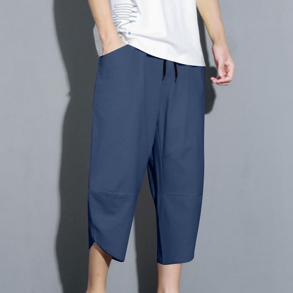 Yaoyar Men's Summer Seasonal Cropped Pants with Elastic Drawstring Waist Solid Color and Pockets Lightweight for Hot Weather Wear Shorts,XL,Navy