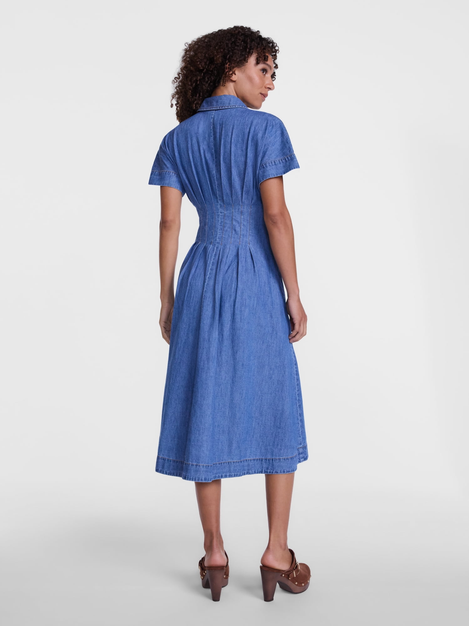 Scenario Women's and Women's Plus Pleated Waist Midi Shirtdress with Short Sleeves, Sizes XS-4X
