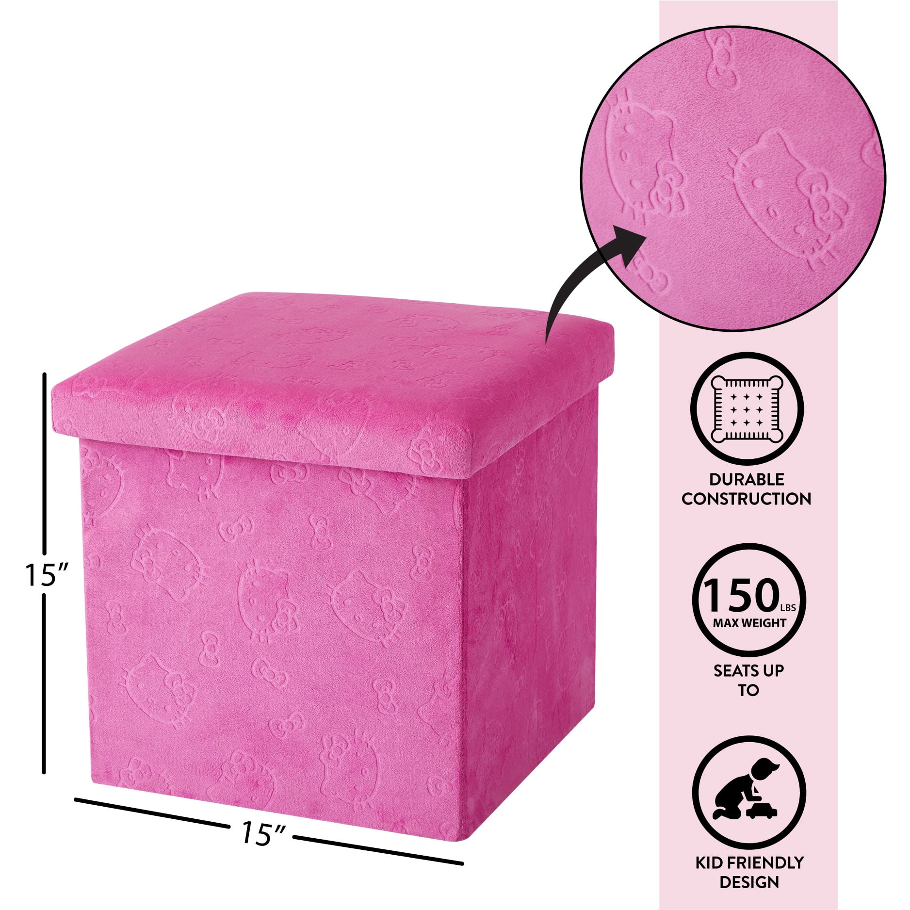 Hello Kitty Kids' Embossed Storage Ottoman, 15 x 15 x 15 Inches, Pink