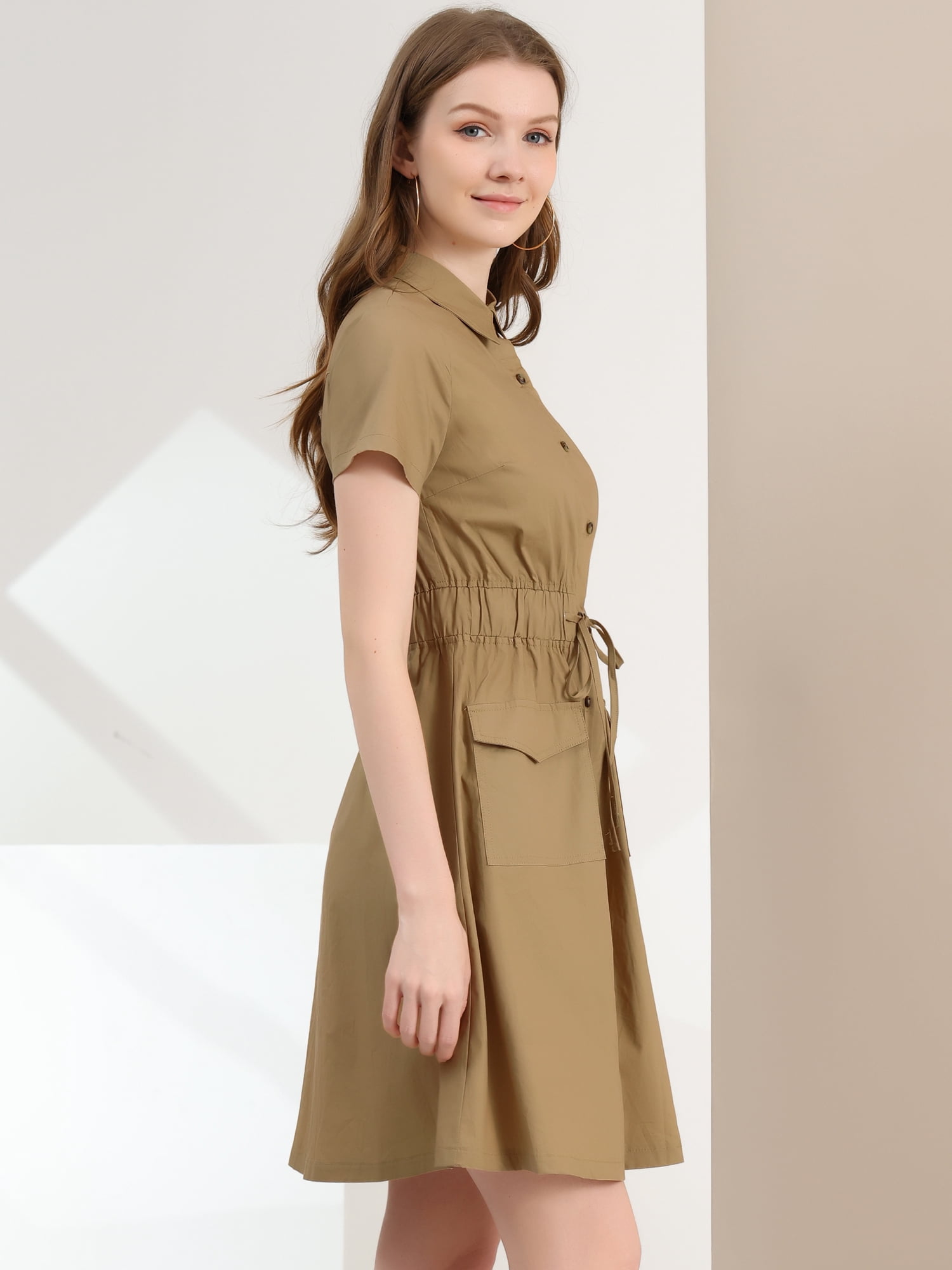 DARING DIVA Collar Elastic Waist Above Knee Dress with Pocket XS Khaki