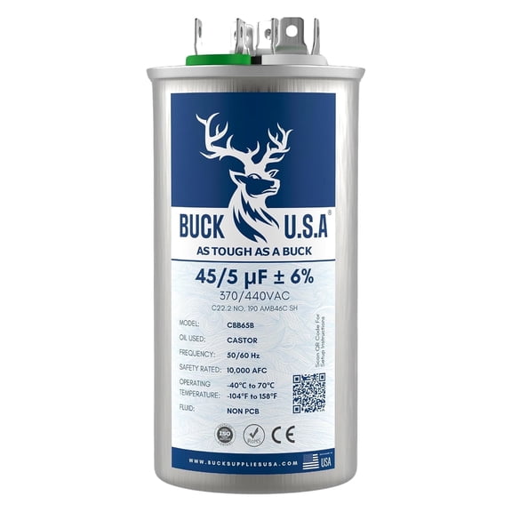 Buck 45+5uF 45/5 MFD ±6% CBB65B Dual Run Round Start Capacitor - Ideal for HVAC Systems, Air Conditioner Unit Fan Motor Start, Heat Pump, & Condenser Straight Cool Applications 370/440VAC 50/60Hz