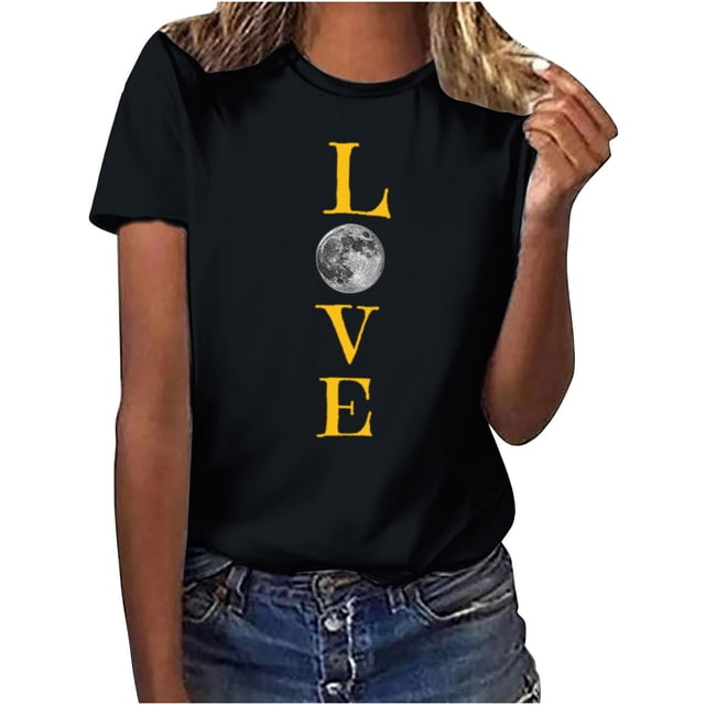 Penkiiy T-Shirt Musulman Ramadan pour Femmes T-Shirts Graphiques Mignons pour Femmes Col Rond Manches Courtes Imprimé Lune T-Shirt Décontracté 3TG Noir