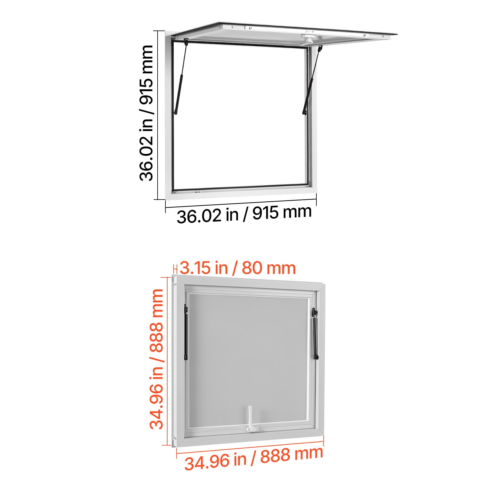 KFFKFF Concession Window 36x36 in Aluminum Alloy Frame Service Window, Designed for Food Trucks, Features Awning Door with Drag Hook, Opens Up to 85 Degrees, and Rainwater-Resistant for Trailers
