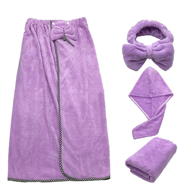 Yammee 4Pcs/Set Women Wearable Bath Wrap with Towel Headband Hair Dry Cap Bow Bathrobe