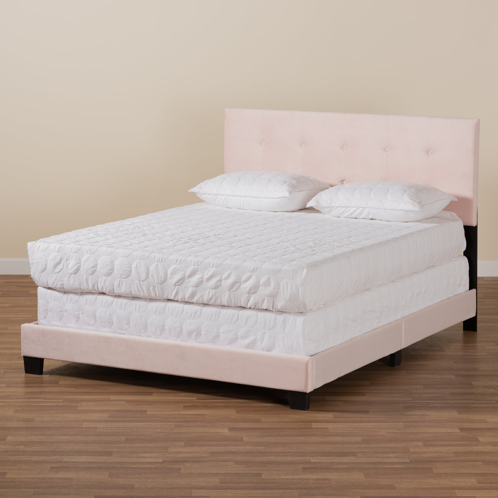 Baxton Studio Caprice Contemporary/Modern Velvet Tufted Panel Bed, Queen, Light Pink/Black