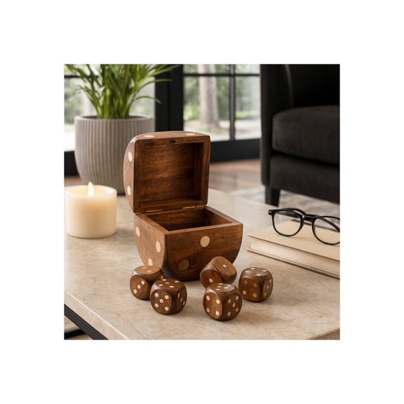Decorative Mango Wood Dice Box for Tabletop Game - Home Decor Accent for Living Room, Coffee Table, and Mantel Styling - Family Game Accent for Office and Shelf Display - 4", Brown