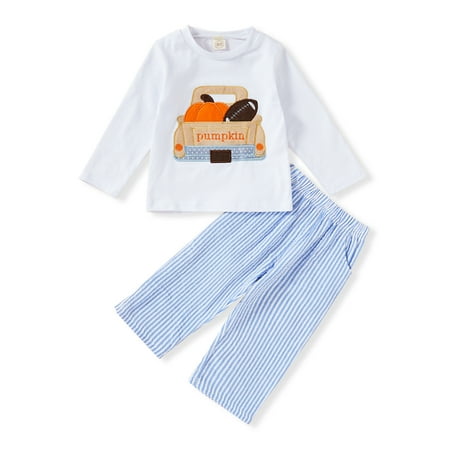 

Letiane Baby Boy Halloween Clothes Stripes Romper Bodysuit Infant Car Pumpkin Embroidery Shirt Pants Fall Winter Outfits(Outfits 18-24M)