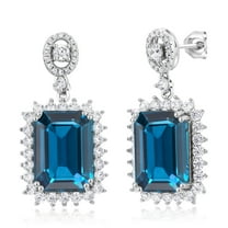 Gem Stone King 925 Sterling Silver London Blue Topaz Dangle Earrings for Women (19.60 Cttw, Gemstone November Birthstone, Emerald Cut 14X10MM)