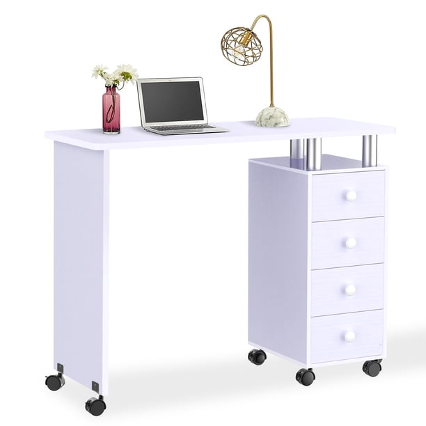 Anggrek 42 5 X 17 7 X 30 7in Nail Table With 4 Drawer Manicure Table Nail Desk Station Professional Portable With Wheels For Technician Beauty Salon Art Spa Office Double Side White Walmart Com