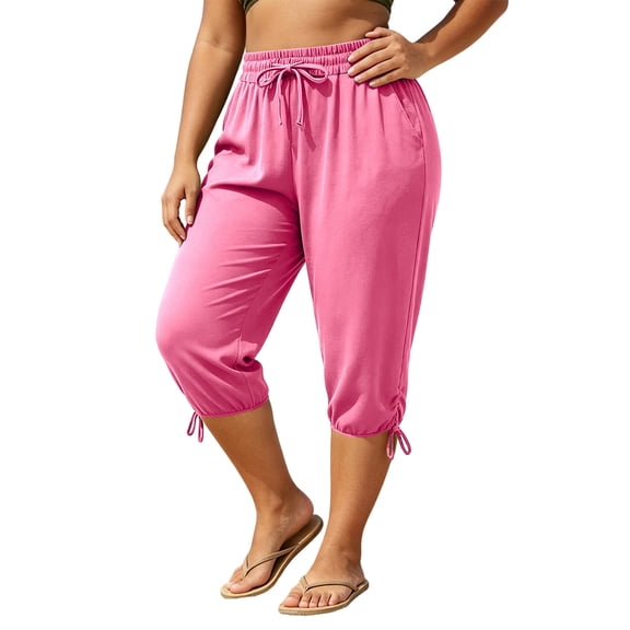 Nugftut Capris for Women Plus Size, Elastic Waist Drawstring Casual Capri Pants with Pockets