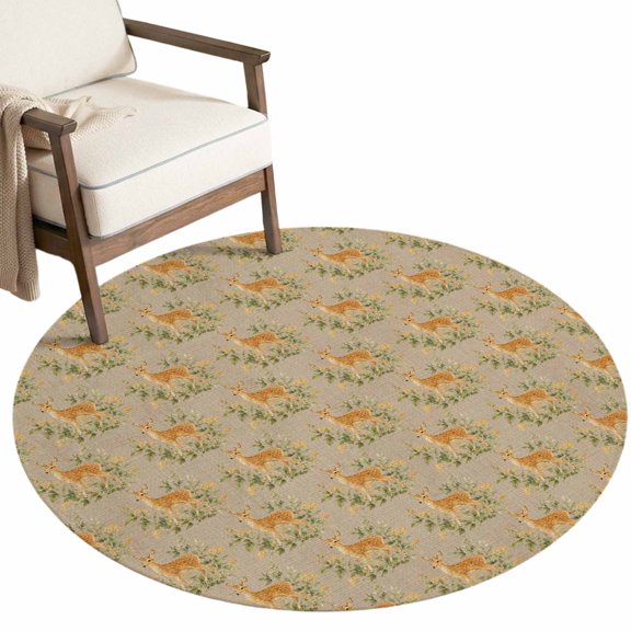 Fall Orange Deer Washable Round Area Rug 3 ft, Country Vintage Farmhouse Pastoral Green Leaf Soft Non‑Slip Rugs Stain Repellent Indoor Mats for Entryway, Bathroom, Bedside, Hallway Nook