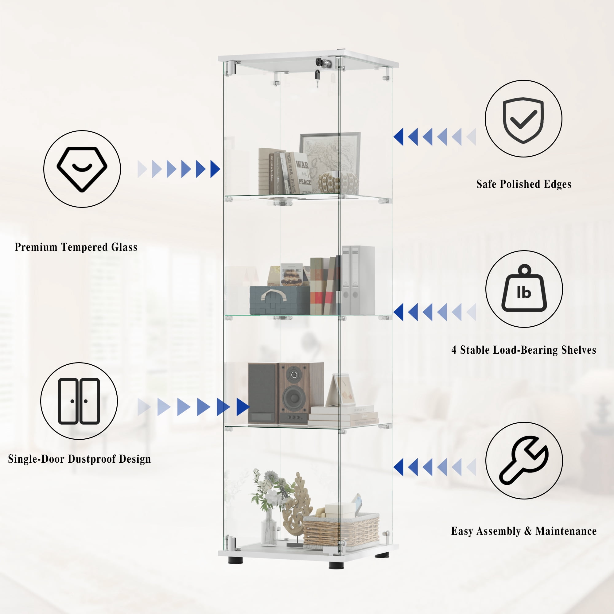 BEAUTYPEAK 64" Display Cabinet with Glass Doors,4-Tier Single-Door Curio Cases with White Panels
