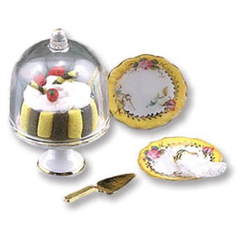 Dollhouse Miniatures Collection of Art Glass Cake and Pie Cover with Tall Stand 