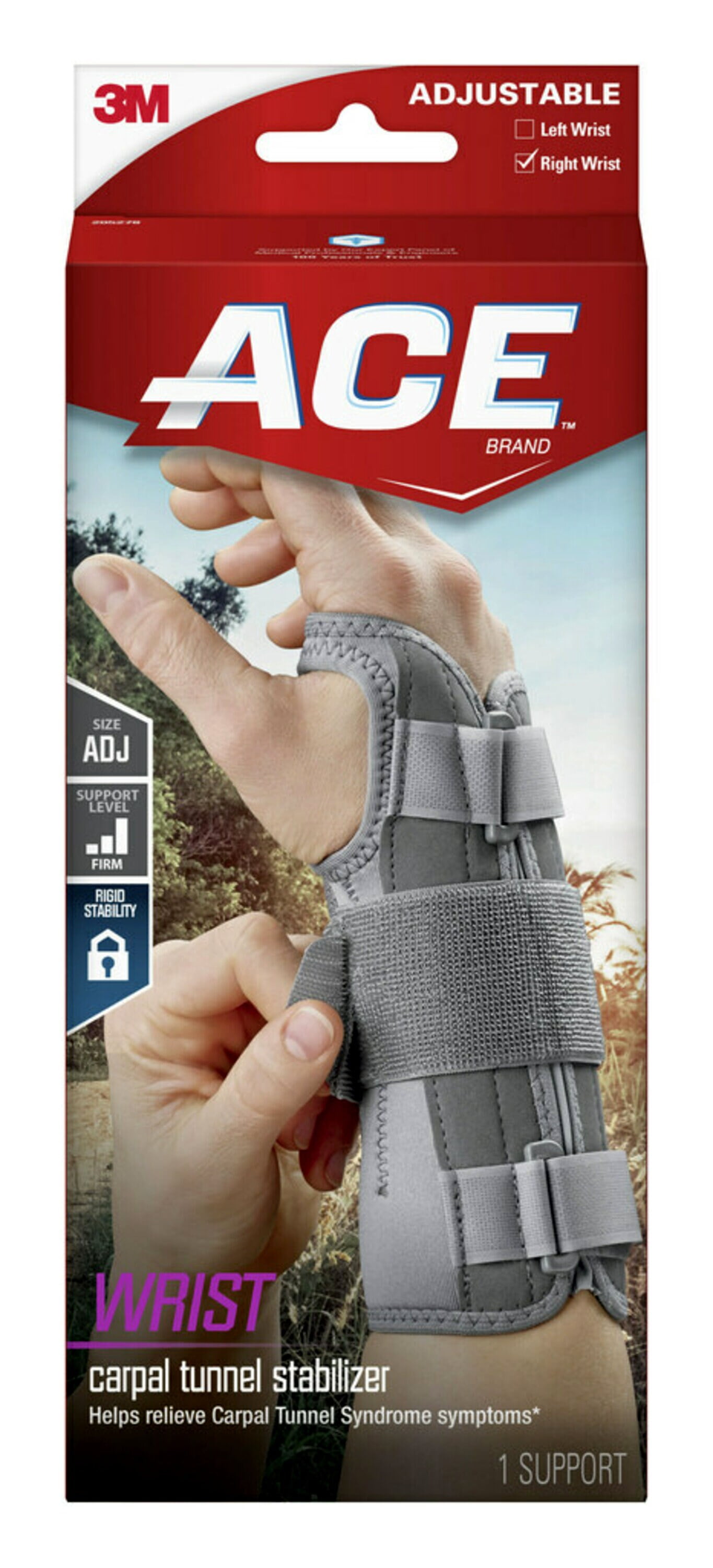 ACE Carpal Tunnel Wrist Stabilizer, Right Wrist, Firm Stability, All Day Wear