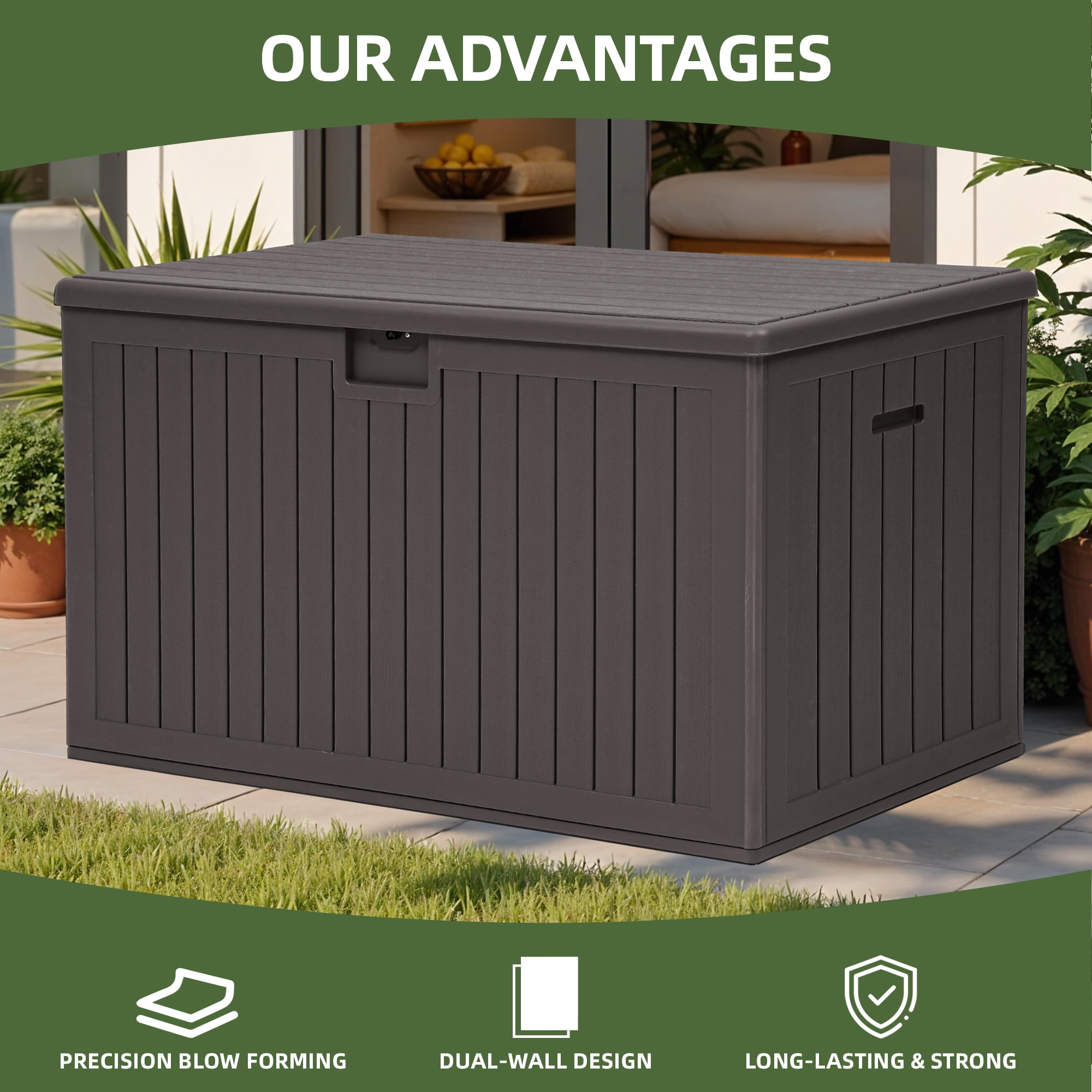 Uforic 180 Gallon Extra Large Outdoor Deck Box, Double-Wall Resin Storage Box with Flexible Divider, Lockable,‎Weatherproof,Brown
