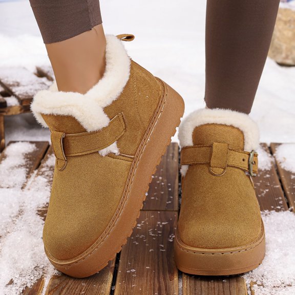 Women Snow Boots Round Toe Buckle Strap Thick Soled Fleece Lined Warm Boots Comfort Flock shoes for Fall Winter Casual Outdoor Daily Wear