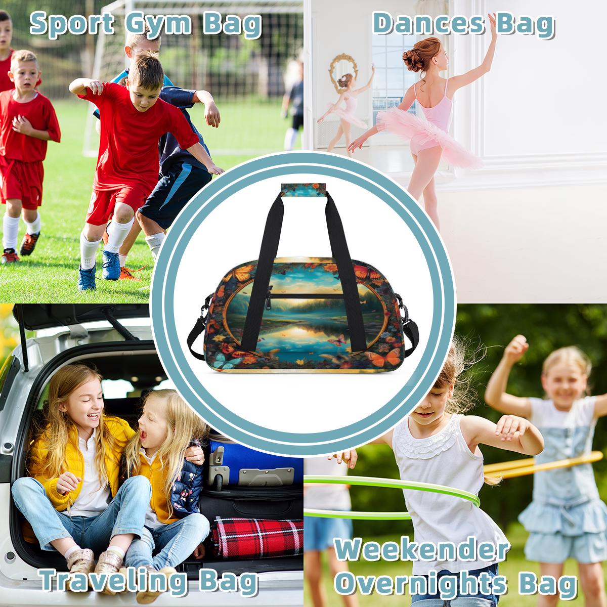 Herdesigns Landscape Sports Duffle Bag for Women & Men, Butterfly Gym Bag Dance Bag Overnight Bag Carry On Weekender Travel Bag