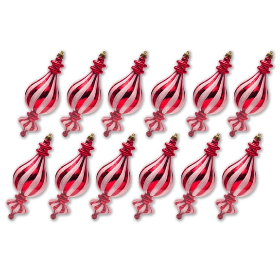 12 Pack Red and White Finial Candy Ornament Set