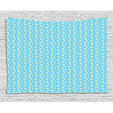 Yellow and Blue Tapestry, Cartoon Chamomiles Blooms and Dots Fresh Spring for Kids and Babies, Wall Hanging for Bedroom Living Room Dorm Decor, 80W X 60L Inches, Blue Yellow White, by Ambesonne