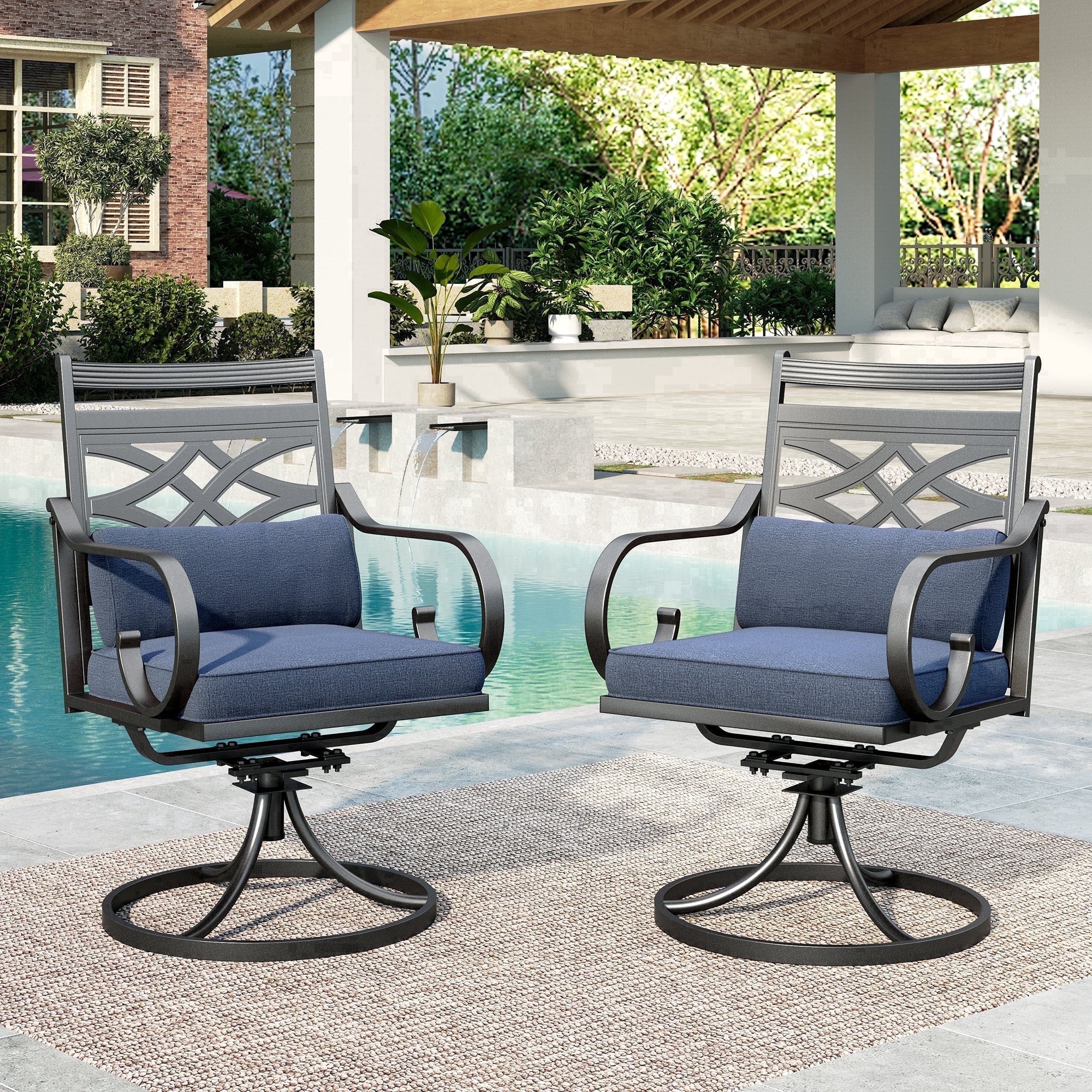 SUMMIT LIVING 2-Piece Outdoor Patio Dining 360° Swivel Chairs with Seat Cushion & Back Cushion, Black & Blue