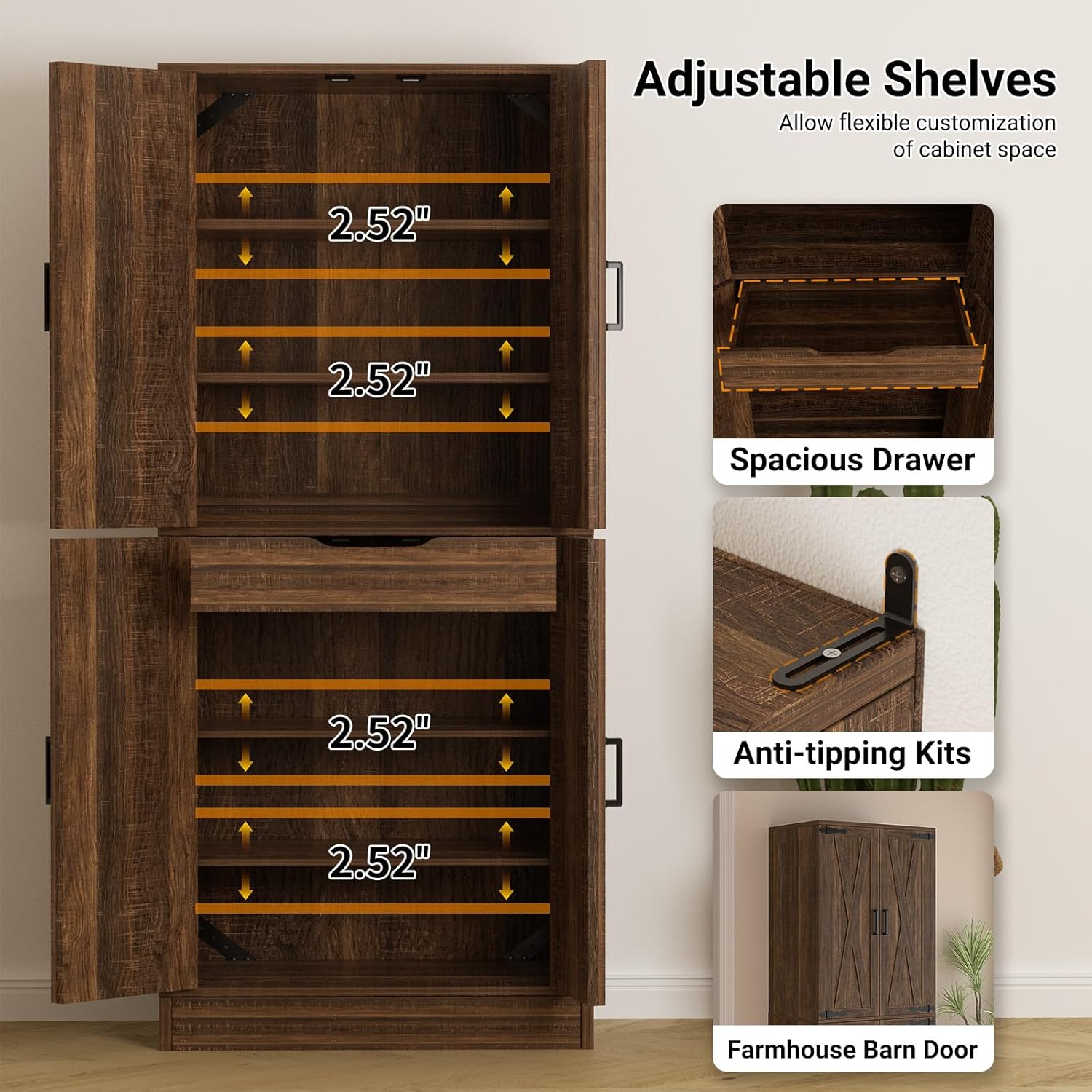 Homieasy 71'' Tall Farmhouse Pantry Cabinet 2 Piece Set, 6-Tier Pantry with Doors, Drawers & Adjustable Shelves, Retro Brown