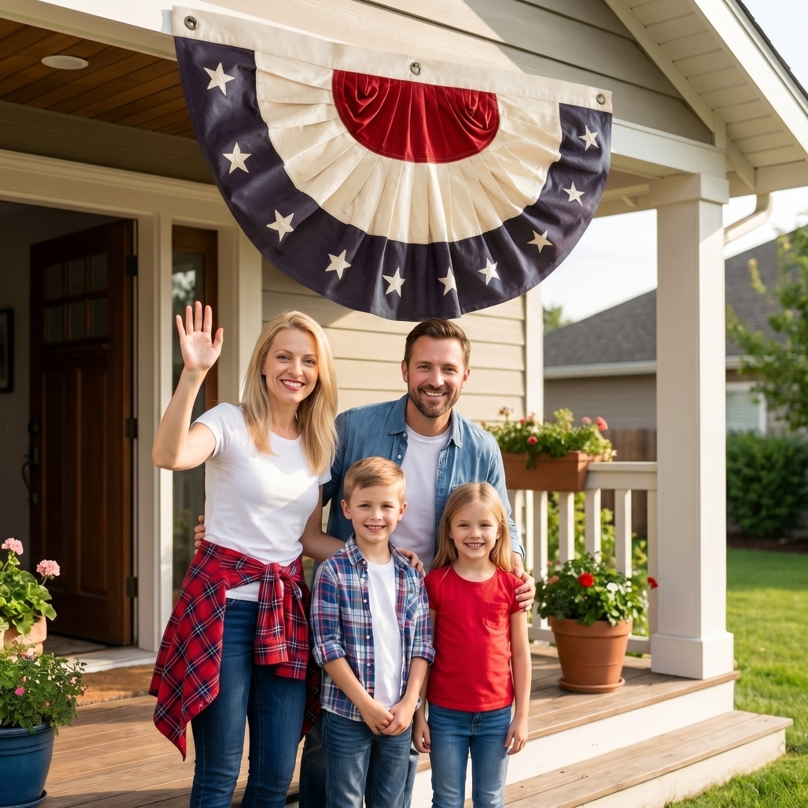 Heritage American Flag Banner – 2PCS Vintage Pleated Fan Bunting & Vertical Star Pull Flag – Heavy Duty Canvas Patriotic Decor for Porch, Deck & Home – JEWLALO