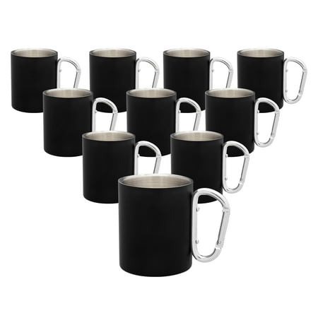 

Stainless Steel Mugs with Carabiner Handle 10 oz. Set of 10 Bulk Pack - Perfect for Coffee Soda Other Hot & Cold Beverages - Black