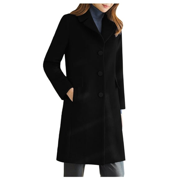 Lovskoo Womens Winter Coats Pea Coat Long Single Breasted Solid Color Pocket Woolen Jacket Trench Coat Overcoat Black