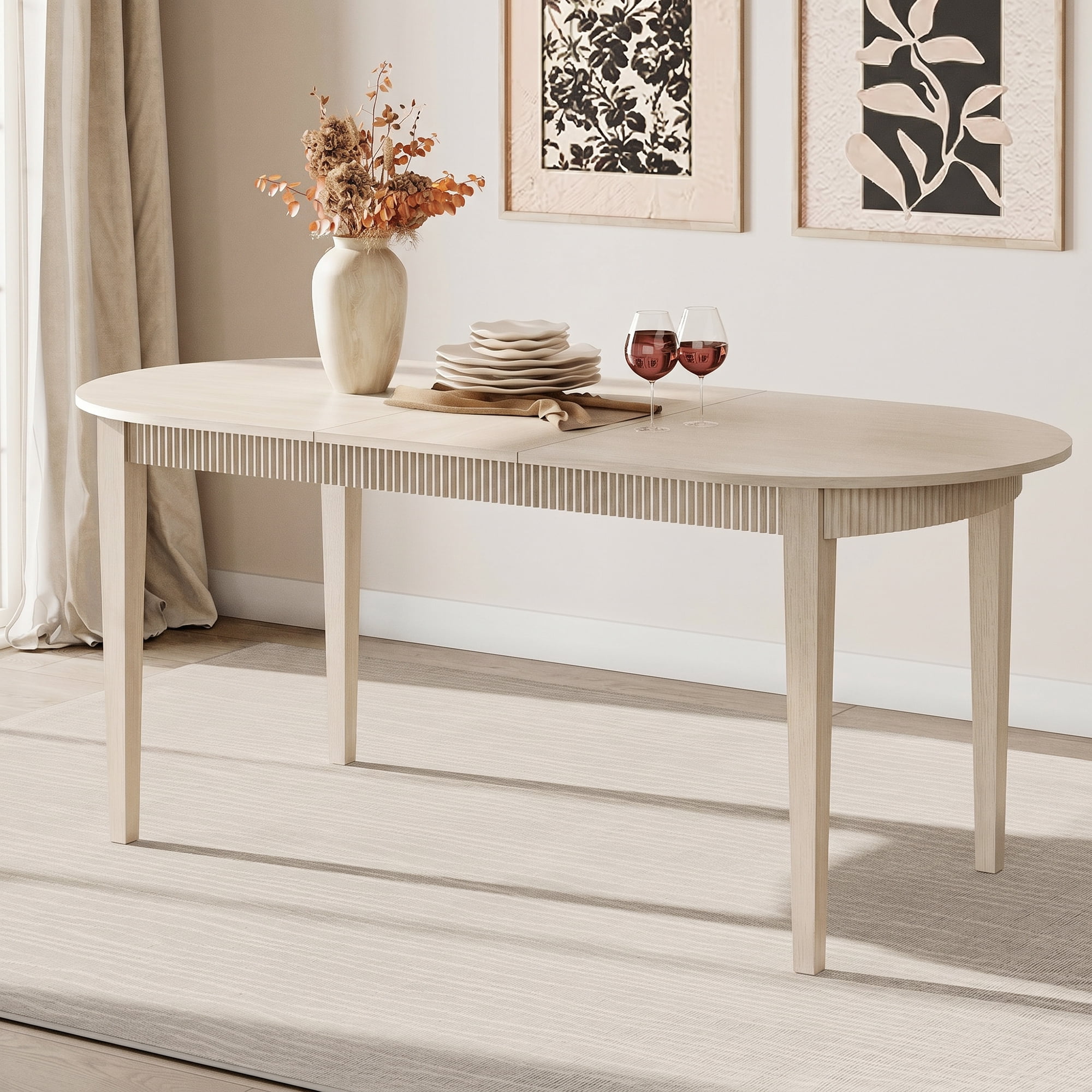 3 Piece Modern Dining Table Set, 73" Solid Wood Oval Dining Table with 2 Polyester Chairs, Dining Set with Fluted Apron for Kitchen & Dining Room