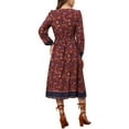 thumbnail image 3 of Vestido midi de verano con cuello en V, mangas largas, cintura elástica y corte A de flores chic para mujer en marrón, 3 of 5