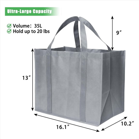 35L Reusable Grocery Bags with Long Handles, 10 Pack Foldable Reusable Shopping Bags, Grocery Bulk Tote Bags Grey