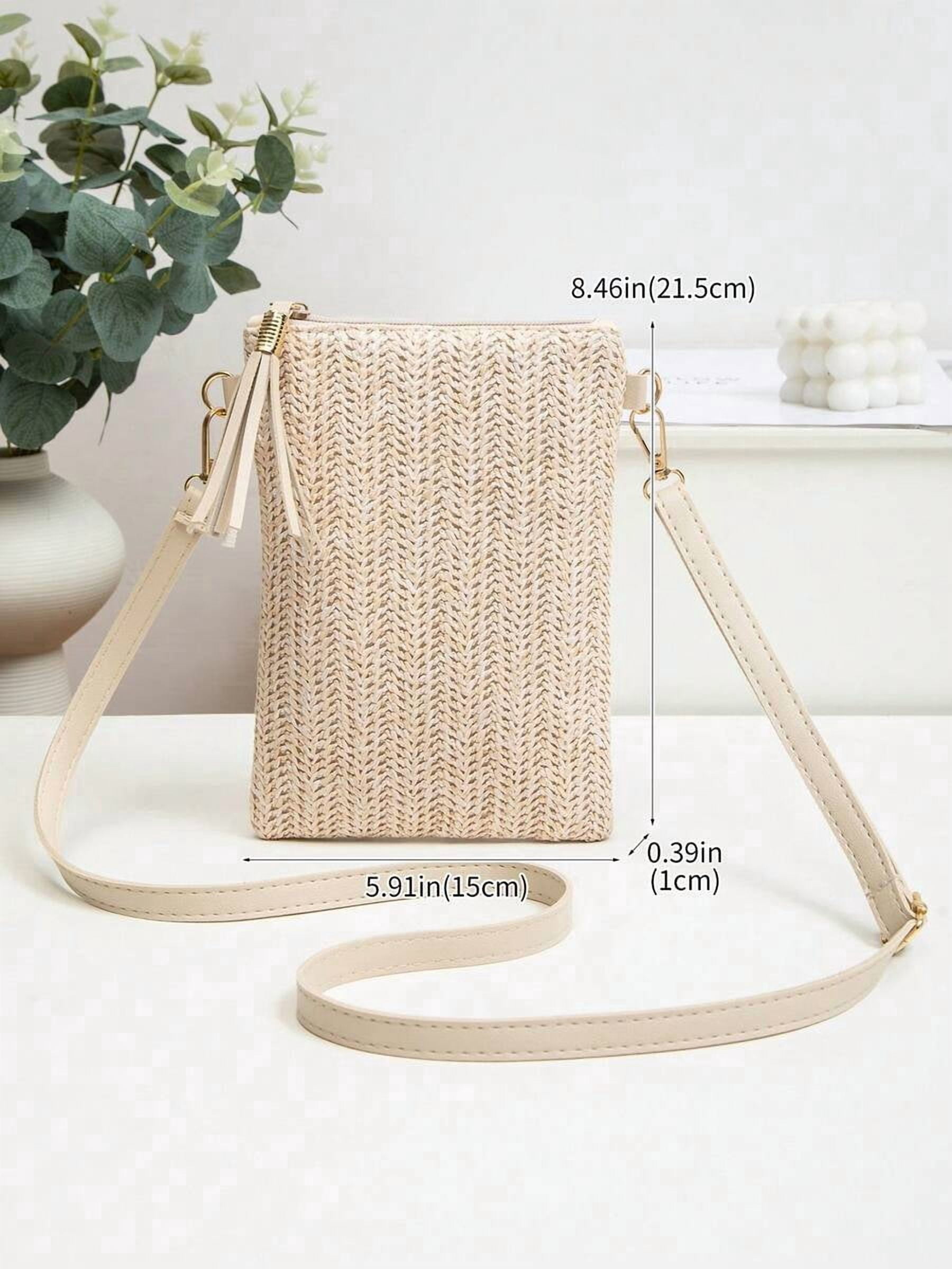 Mini Crossbody Bag For Women, Handwoven Cross-Body Bag, Solid Color Portable Handbag, French Casual Tassel Decor Bag, Large Capacity Multi-Function Zipper Shoulder Strap Bag, Travel Shopping Bag