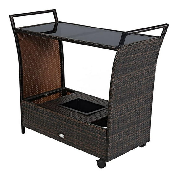Pemberly Row Steel and Rattan Patio Rolling Bar Cart with Storage Box in Brown
