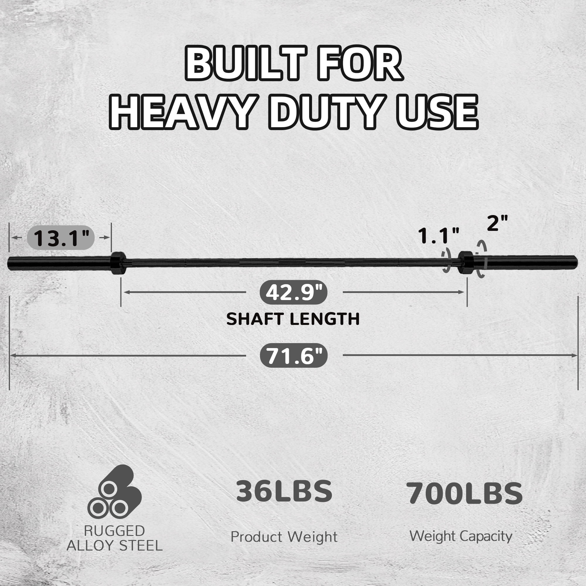 FlexWave Olympic Barbell，6FT, 2-Inch Diameter, 700LB Capacity, Black, for Powerlifting & Weightlifting