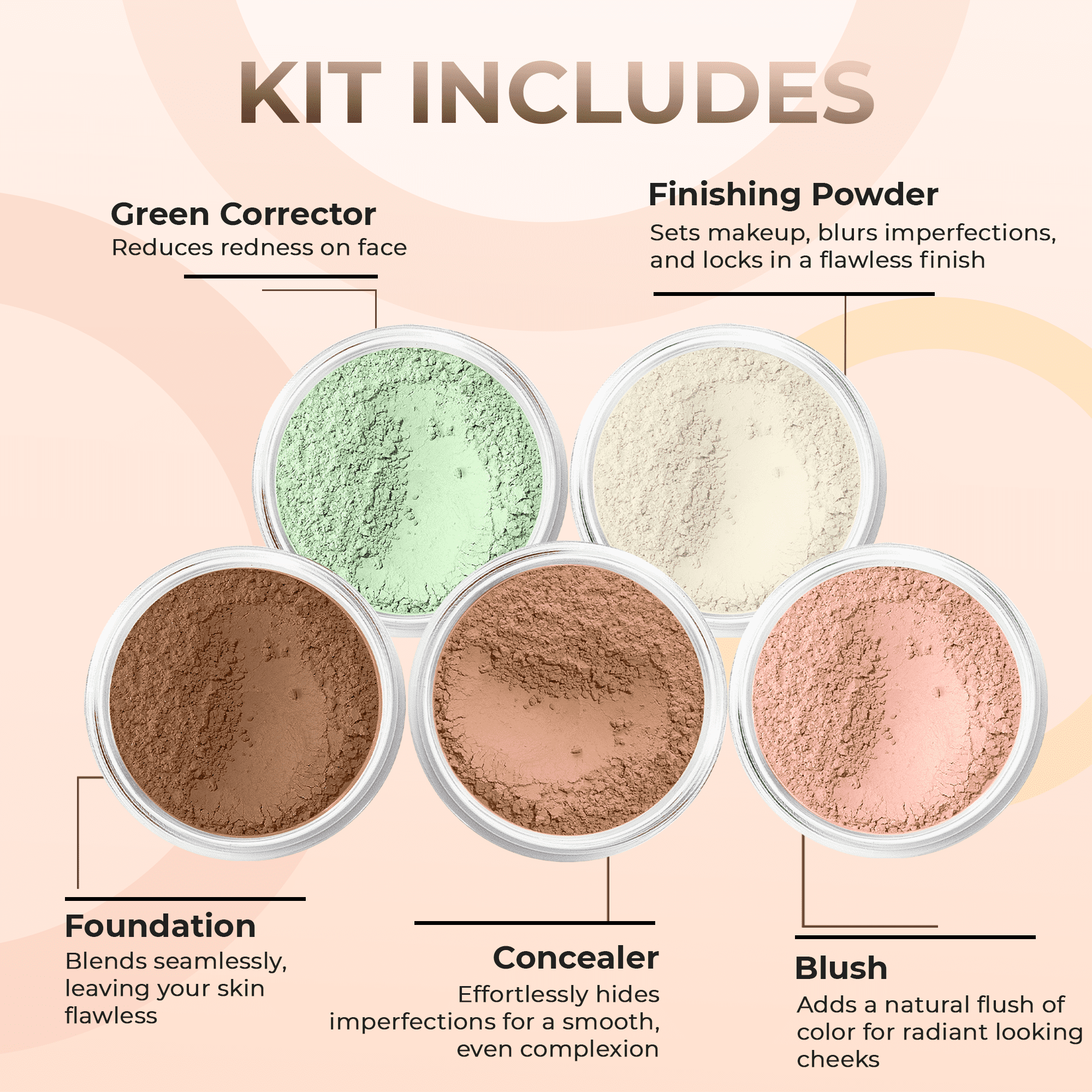 5pc KIT Mineral Makeup Bare Face Set Full Coverage Concealer Blush Foundation Illuminating Powder (Cocoa)