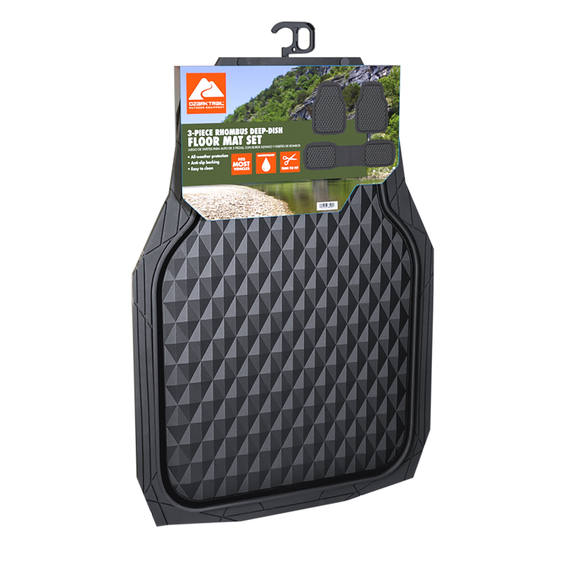 Ozark Trail 3-Piece Black Deep Dish Rubber Car Floor Mats, Anti-Slip 3D Rhombus Waterproof, All Weather Universal Trim-to Fit for Car, SUV and Truck Mats