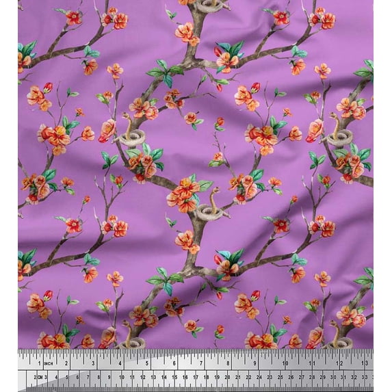 Soimoi Crepe Silk Fabric Snake,Leaves & Blossom Floral Print Fabric by the Yard 42 Inch Wide