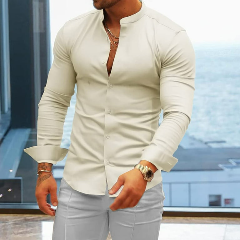 ZCFZJW Men's Muscle Dress Shirts Slim Fit Stretch Banded Collar  Wrinkle-Free Long Sleeve Casual Solid Color Button Down Athletic T-Shirt  Tops Beige L - Walmart.com