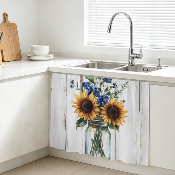 Summer Sunflower Cabinet Curtain, Country Flowers Wooden Board Sink Skirt for Bathroom, Under Sink shelf Curtain Privacy Drape for Kitchen Laundry Room 10x11in
