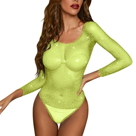 Clearance!Uooqdmx Bodysuits for Women Backless Mesh Bodysuit Teddy Nightie Fishing Net Sleepwear Pajamas Gart Corset Yellow One Size